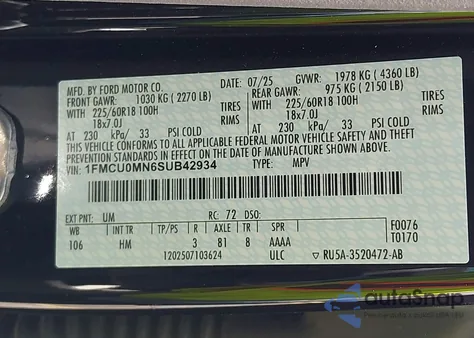 2025 Ford Escape St-Line из США, поврежденный, VIN 1FMCU0MN6SUB42934